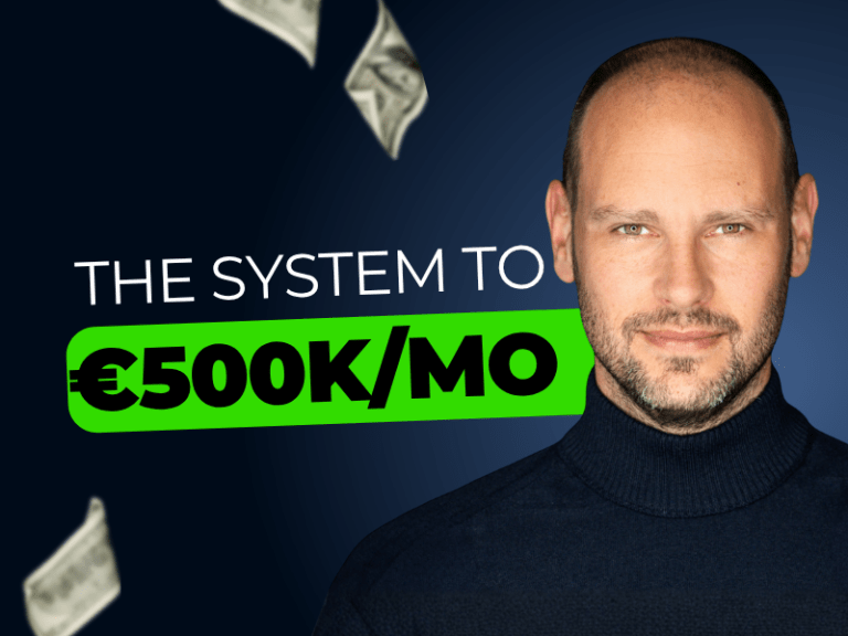 Man in dark turtleneck sweater against dark blue background with text "The System to €500K/Mo" highlighted in green, with dollar bills floating in the background